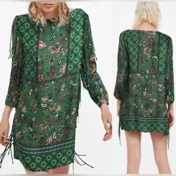 Zara Woman Green Paisley Print Fringe Tunic Dress - Picture 2 of 6